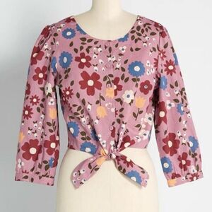 ModCloth Princess Highway Floral Pink Tie-Front Crop Blouse Women’s Sz 8